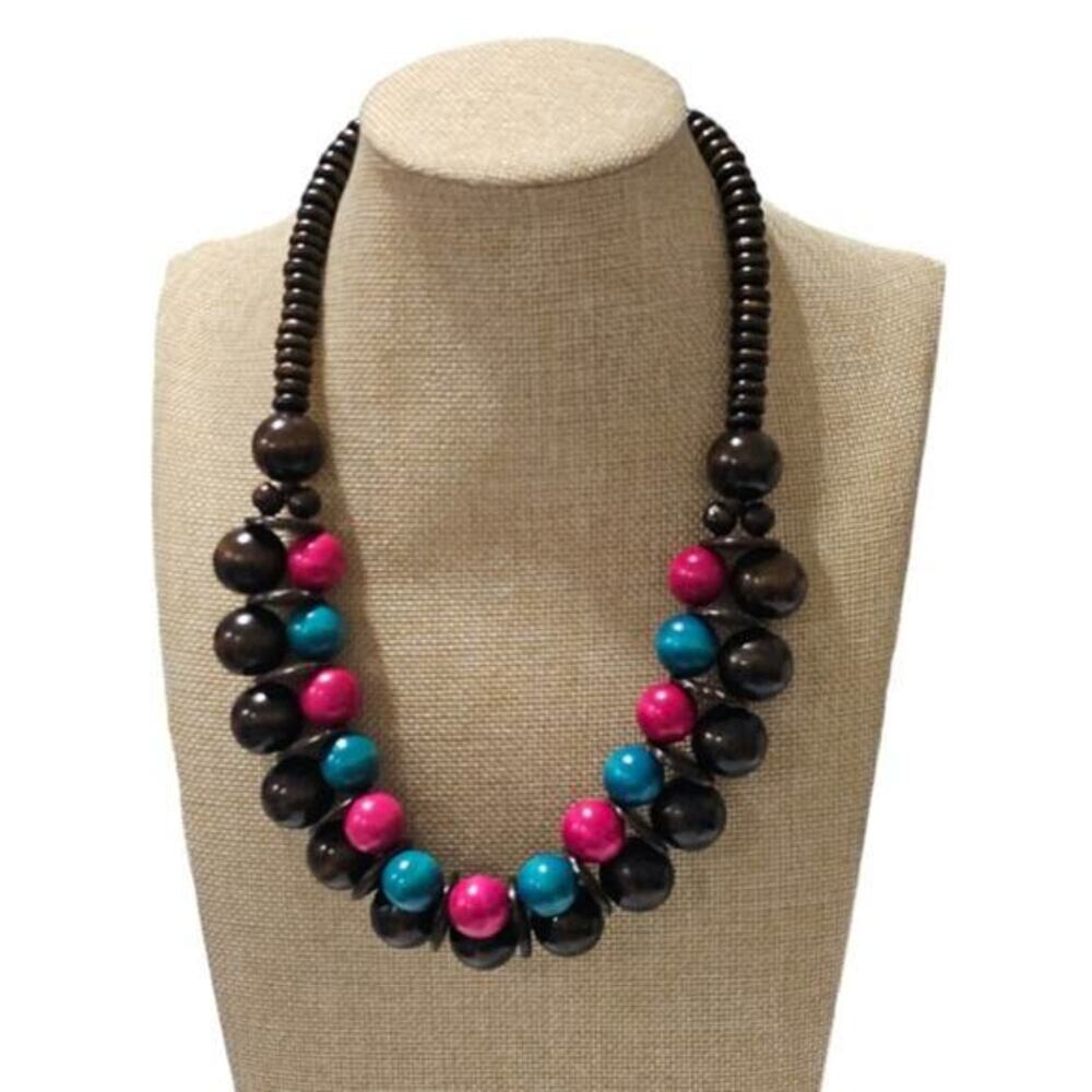 WHBM Wooden Beaded‎ Boho Pink, Brown, and Turquoise Necklace